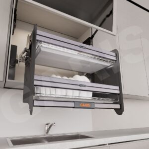 Giá bát đĩa nâng hạ cơ, bằng nhôm màu titan + rổ inox 304 GL06AT