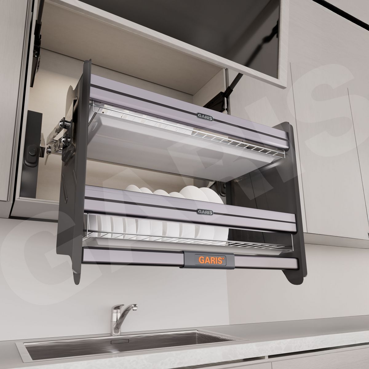 Giá bát đĩa nâng hạ cơ, bằng nhôm màu titan + rổ inox 304 GL06AT